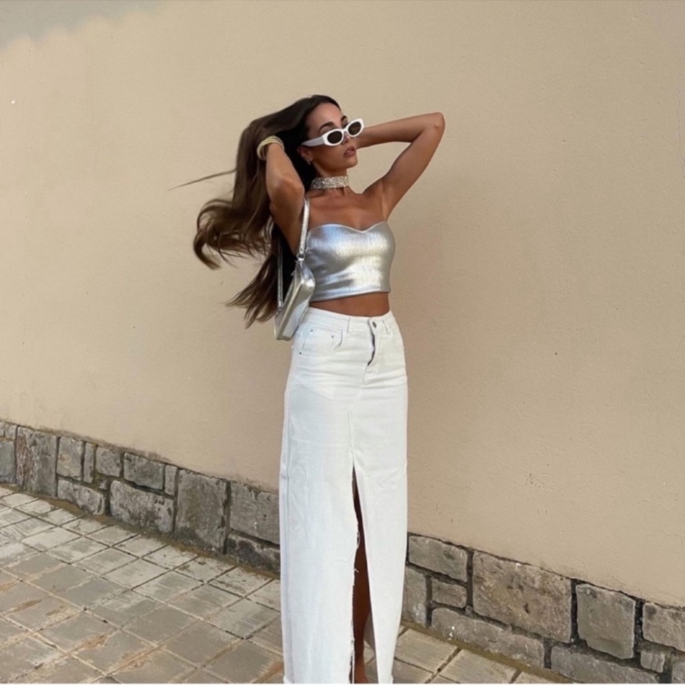 Silver Metallic Strapless Crop Top